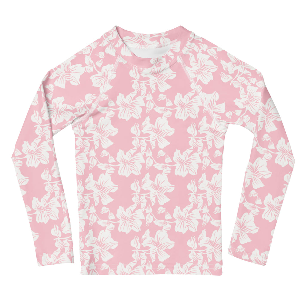 Girls Pink Tropical Hibiscus Long Sleeve Rash Guard Swim Shirt – Buttery Soft, Sun Safe UPF 50+ Protection, Quick Dry & 4-Way Stretch Comfort