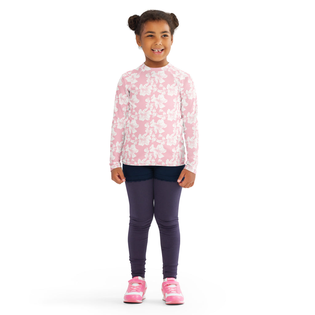 Girls Pink Tropical Hibiscus Long Sleeve Rash Guard Swim Shirt – Buttery Soft, Sun Safe UPF 50+ Protection, Quick Dry & 4-Way Stretch Comfort