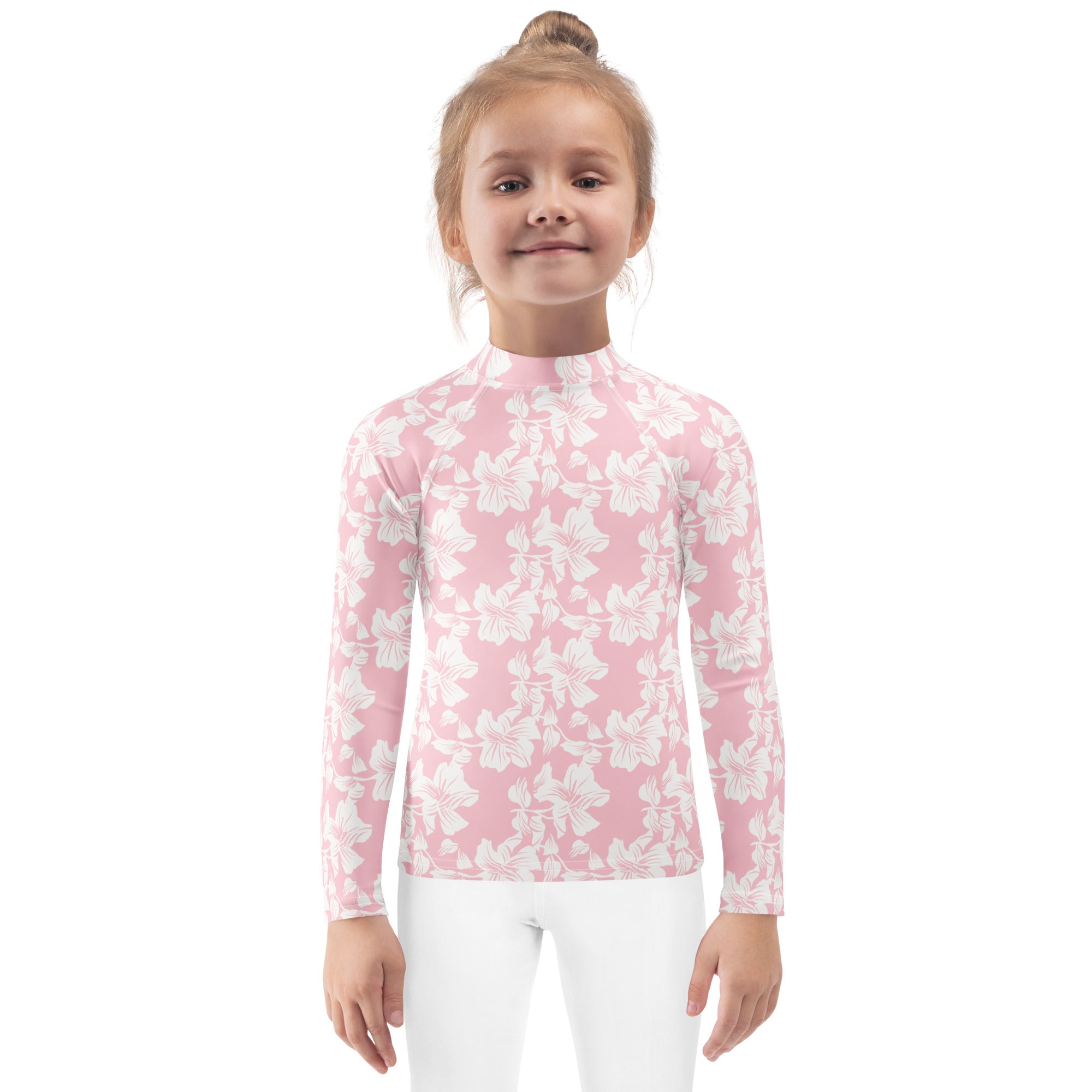 Girls Pink Tropical Hibiscus Long Sleeve Rash Guard Swim Shirt – Buttery Soft, Sun Safe UPF 50+ Protection, Quick Dry & 4-Way Stretch Comfort