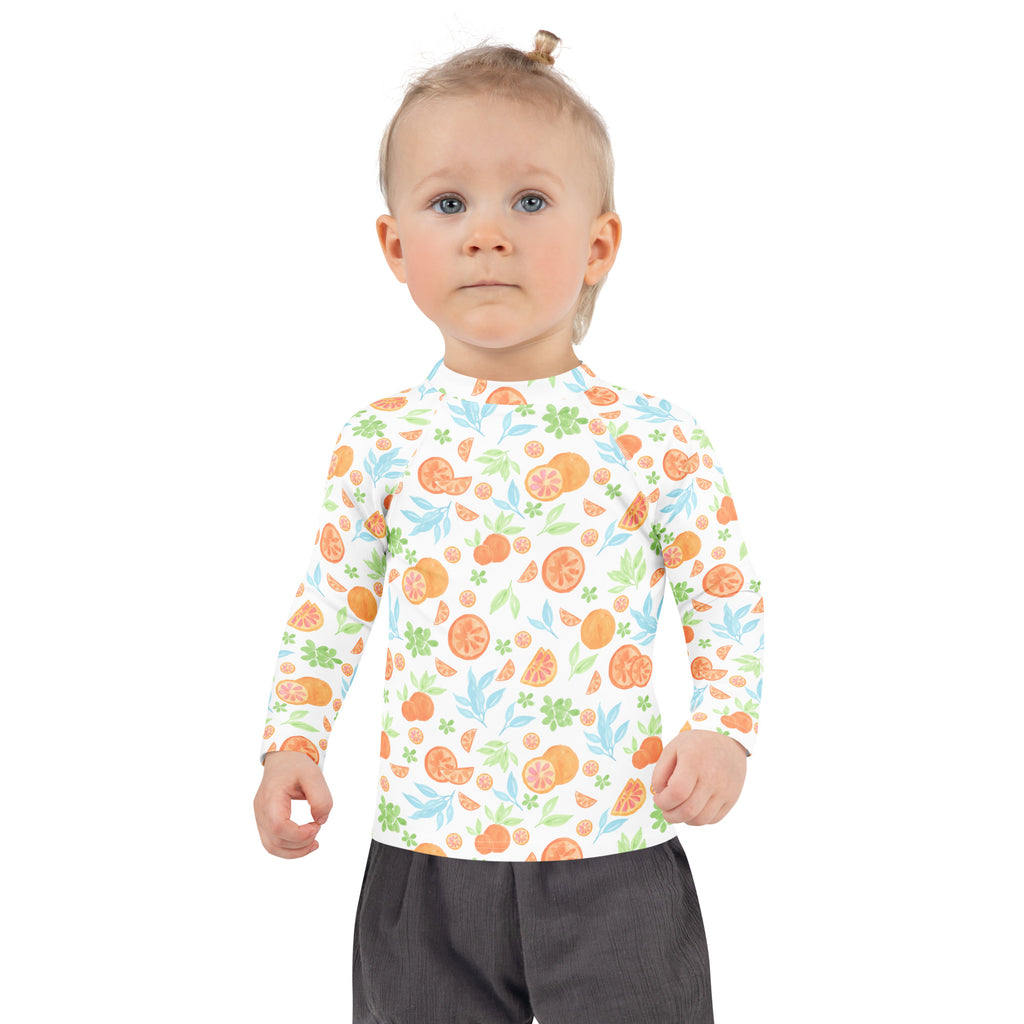Kids Watercolor Citrus Orange Long Sleeve Rash Guard Swim Shirt – Buttery Soft, Sun Safe UPF 50+ Protection, Quick Dry & 4-Way Stretch Comfort