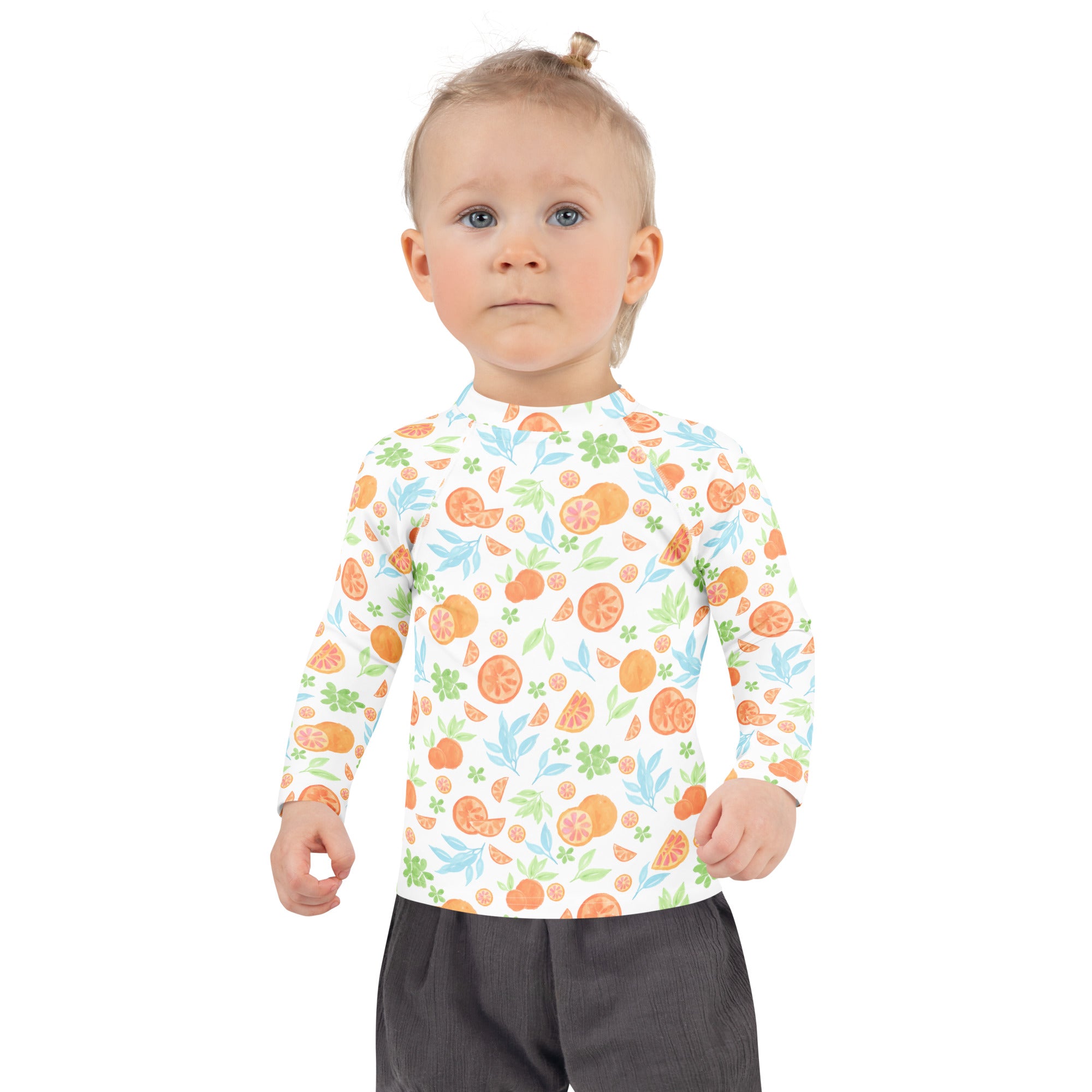 Kids Watercolor Citrus Orange Long Sleeve Rash Guard Swim Shirt – Buttery Soft, Sun Safe UPF 50+ Protection, Quick Dry & 4-Way Stretch Comfort