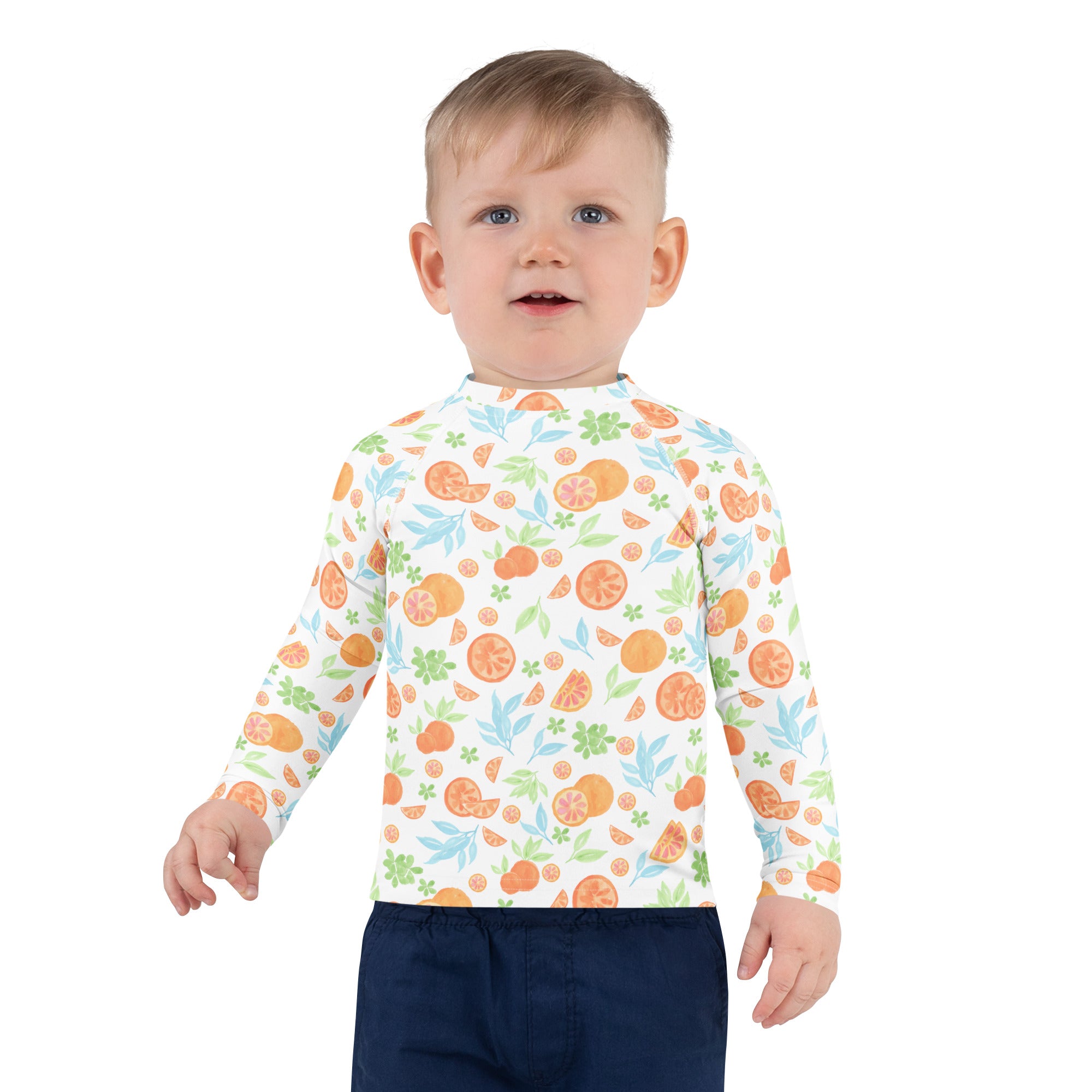 Kids Watercolor Citrus Orange Long Sleeve Rash Guard Swim Shirt – Buttery Soft, Sun Safe UPF 50+ Protection, Quick Dry & 4-Way Stretch Comfort