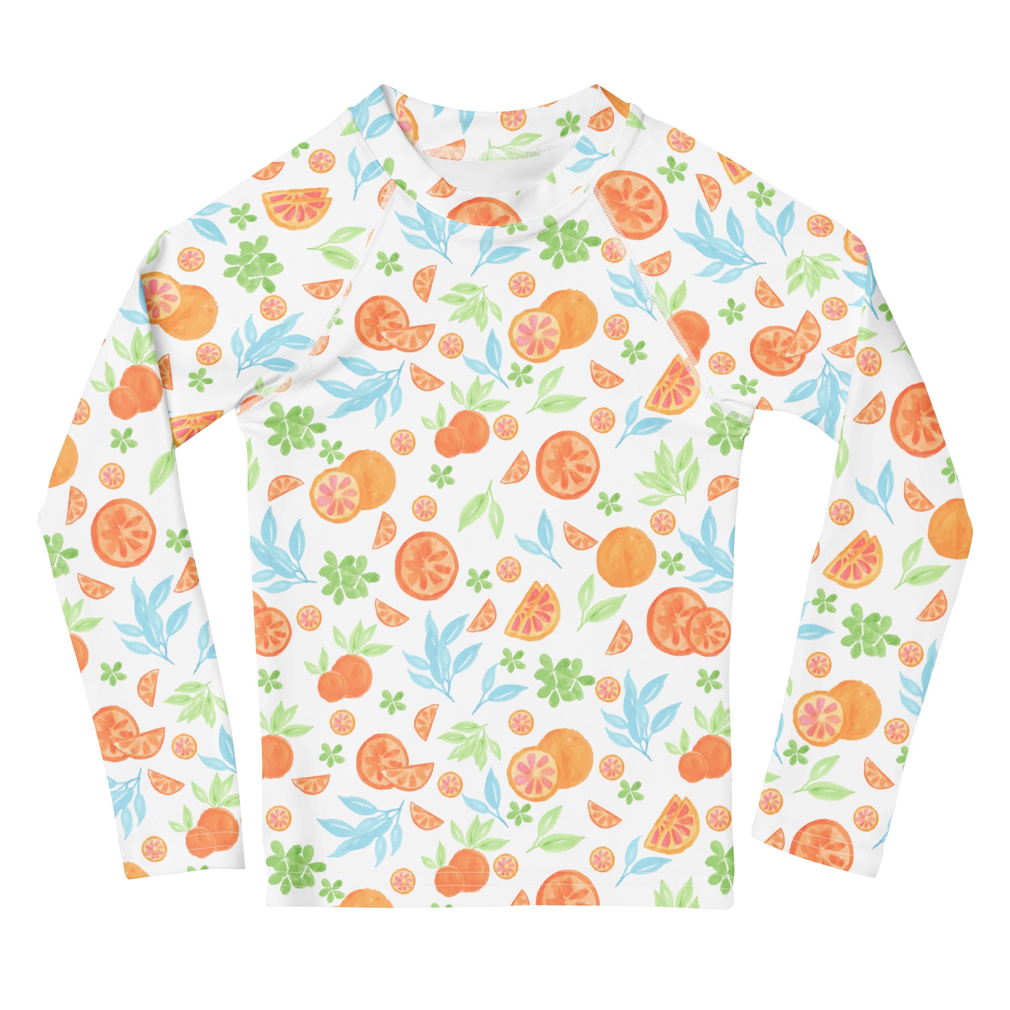 Kids Watercolor Citrus Orange Long Sleeve Rash Guard Swim Shirt – Buttery Soft, Sun Safe UPF 50+ Protection, Quick Dry & 4-Way Stretch Comfort
