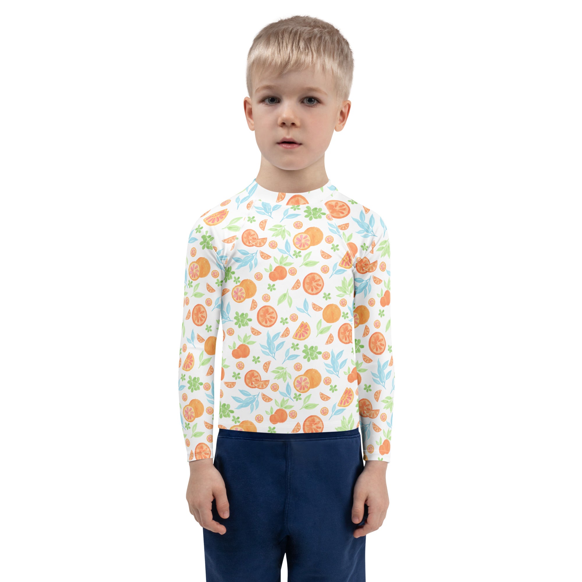 Kids Watercolor Citrus Orange Long Sleeve Rash Guard Swim Shirt – Buttery Soft, Sun Safe UPF 50+ Protection, Quick Dry & 4-Way Stretch Comfort