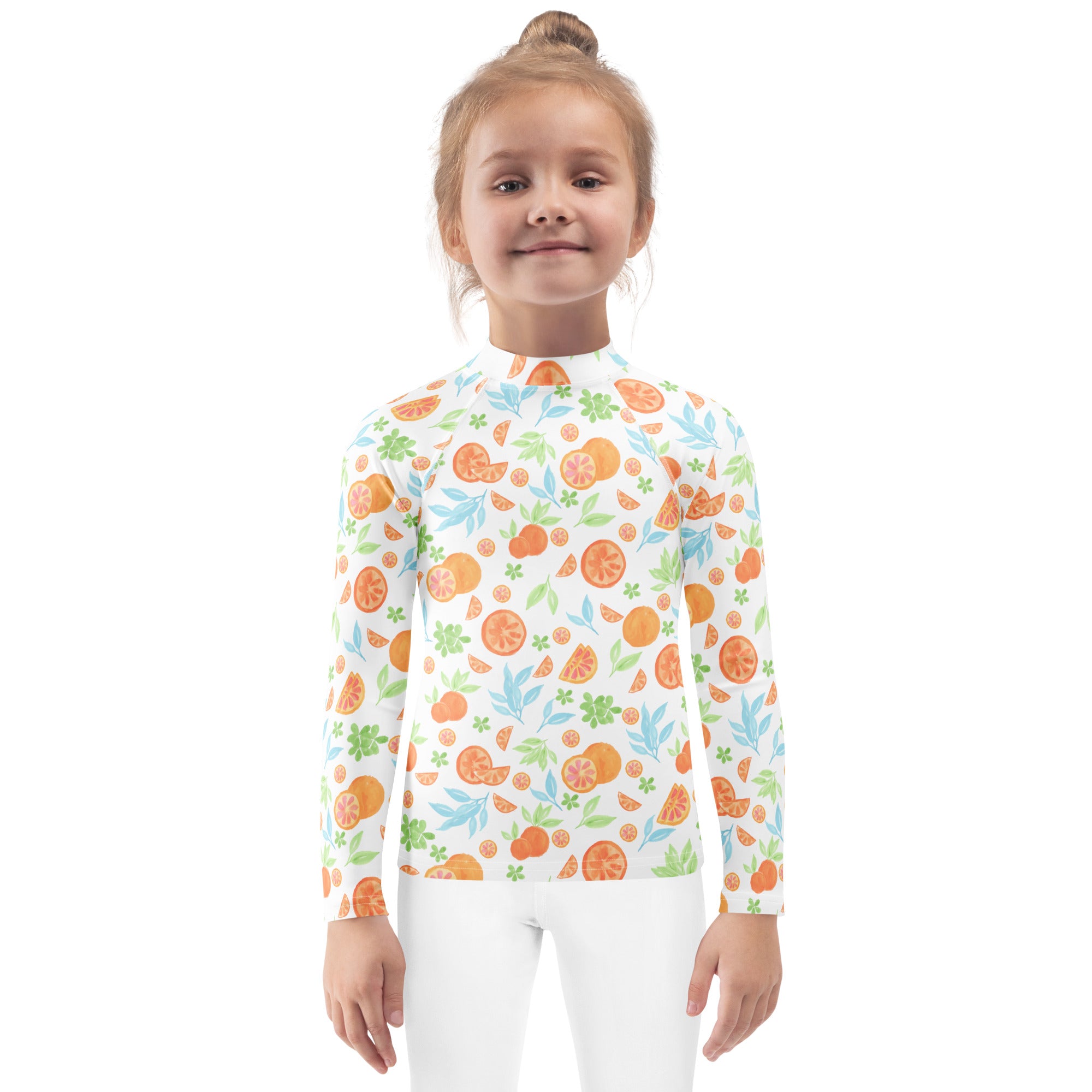 Kids Watercolor Citrus Orange Long Sleeve Rash Guard Swim Shirt – Buttery Soft, Sun Safe UPF 50+ Protection, Quick Dry & 4-Way Stretch Comfort