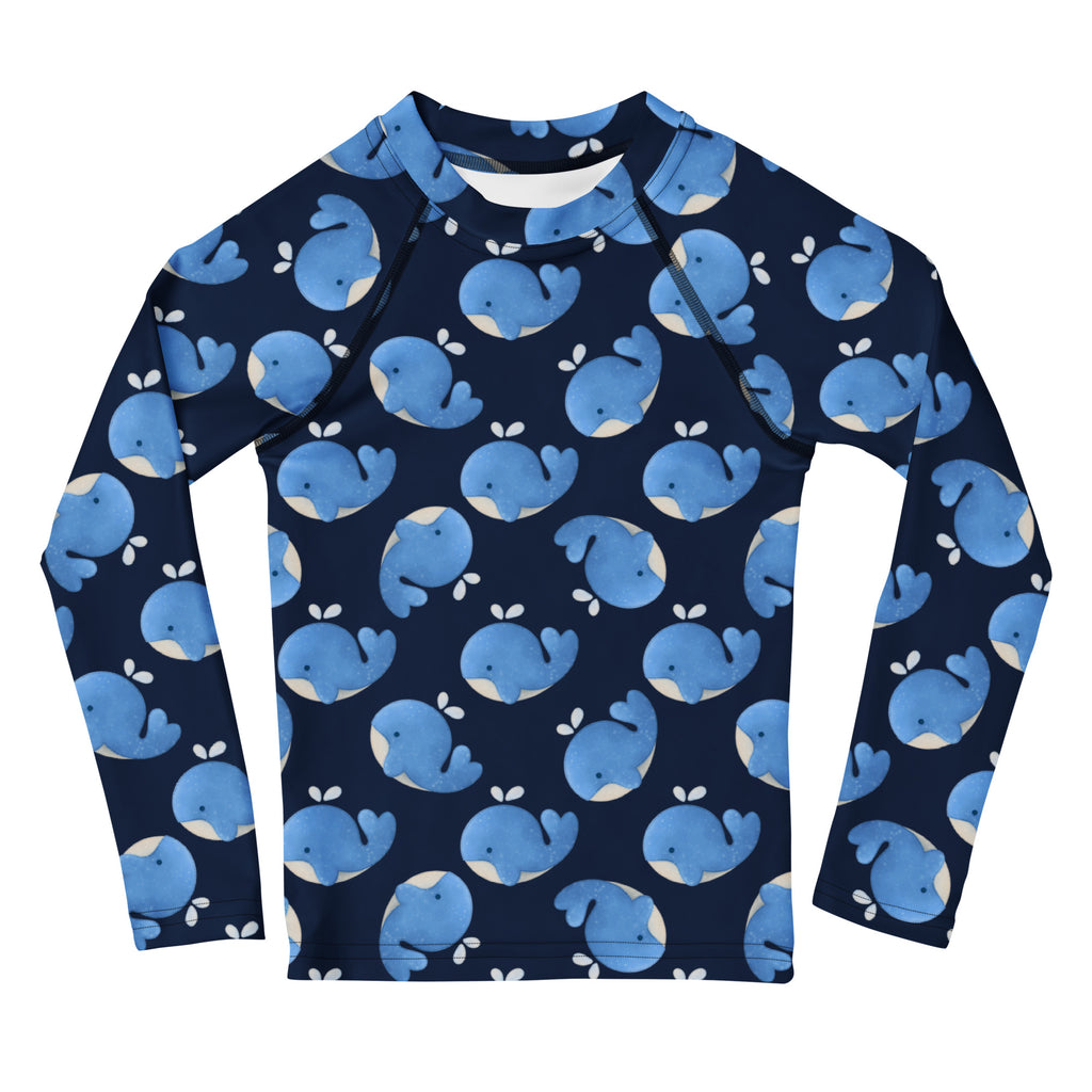 Kids Blue Whale Long Sleeve Rash Guard Swim Shirt – Buttery Soft, Sun Safe UPF 50+ Protection, Quick Dry & 4-Way Stretch Comfort