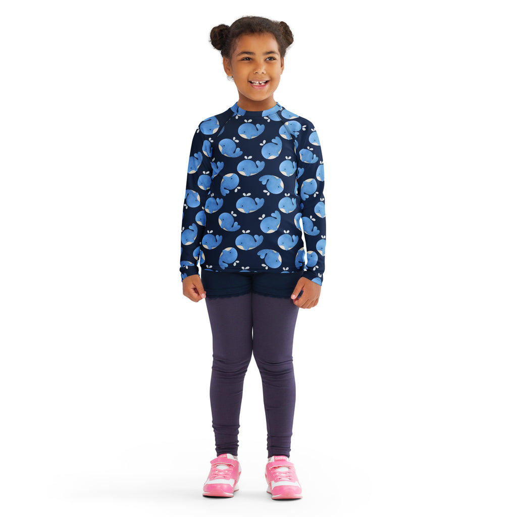 Kids Blue Whale Long Sleeve Rash Guard Swim Shirt – Buttery Soft, Sun Safe UPF 50+ Protection, Quick Dry & 4-Way Stretch Comfort