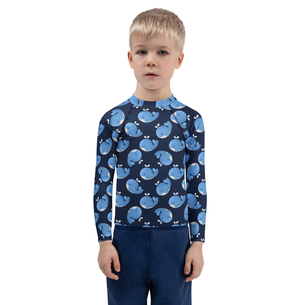 Kids Blue Whale Long Sleeve Rash Guard Swim Shirt – Buttery Soft, Sun Safe UPF 50+ Protection, Quick Dry & 4-Way Stretch Comfort