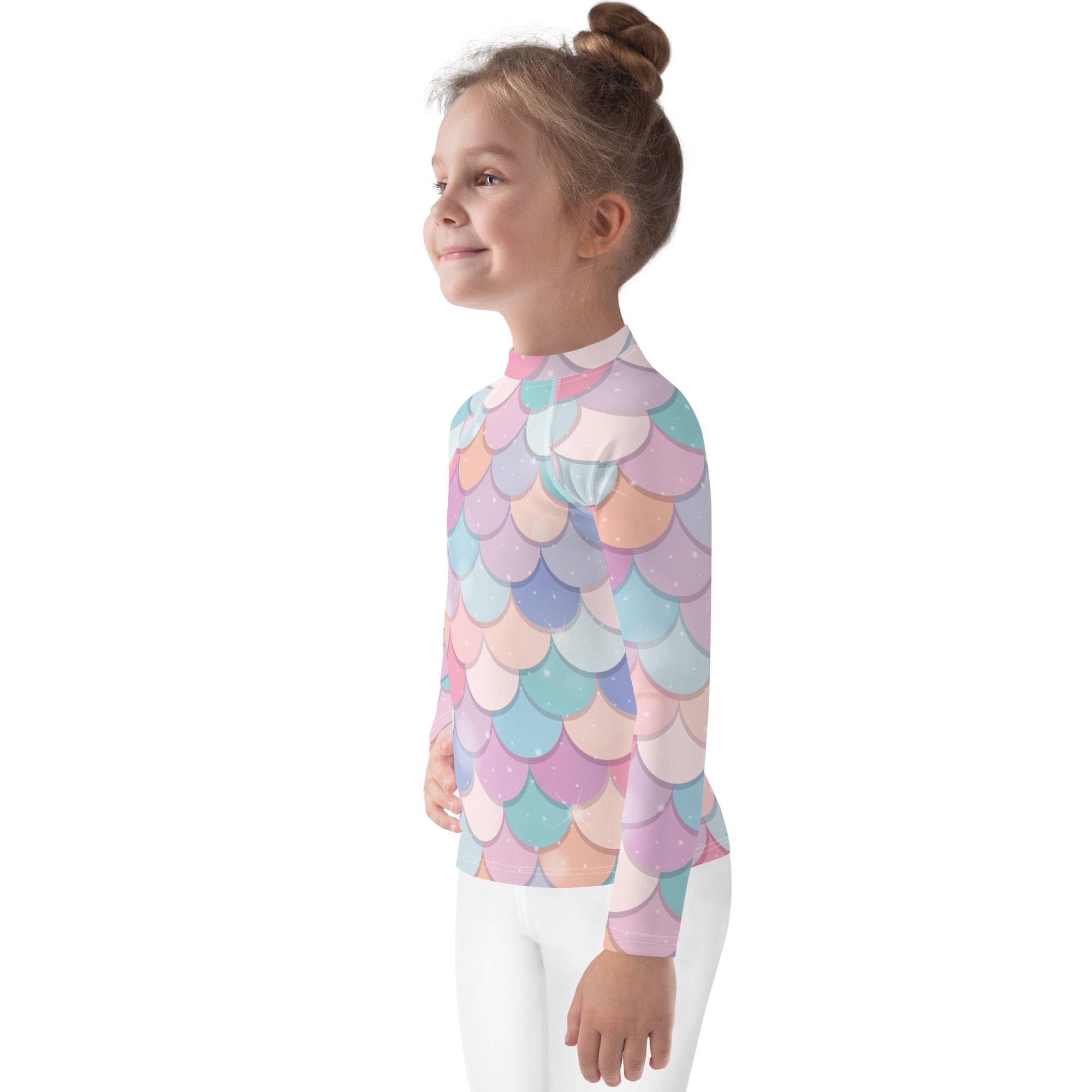 Girls Rainbow Mermaid Scales Long Sleeve Rash Guard Swim Shirt With UPF 50+