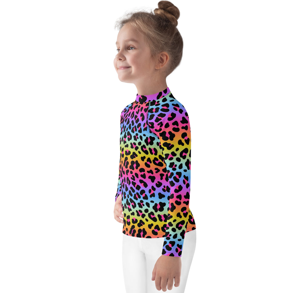 Girls Rainbow Cheetah Long Sleeve Rash Guard Swim Shirt - UPF 50+