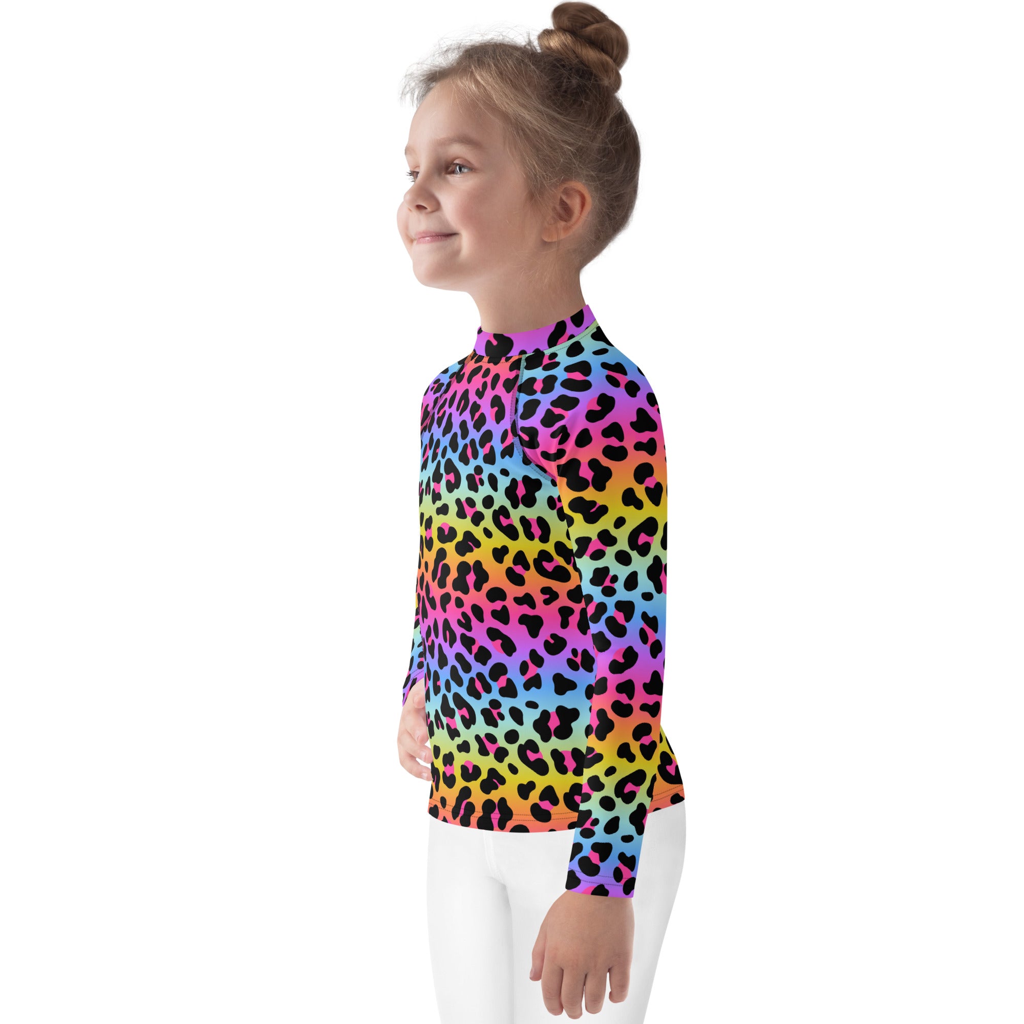 Girls Rainbow Cheetah Long Sleeve Rash Guard Swim Shirt - UPF 50+