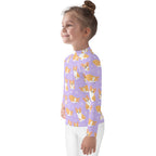 Girls Purple Corgi Dog Long Sleeve Rash Guard Swim Shirt With UPF 50+