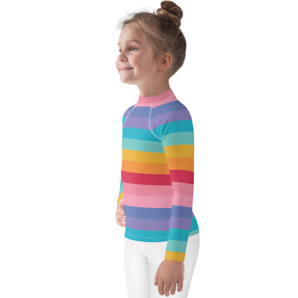 Girls bright rainbow long sleeve rash guard swim shirt with UPF 50 plus featuring vibrant horizontal stripes
