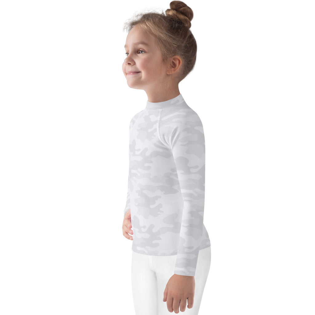 A child wearing a kids white camouflage long sleeve rash guard swim shirt with UPF 50 and subtle gray pattern