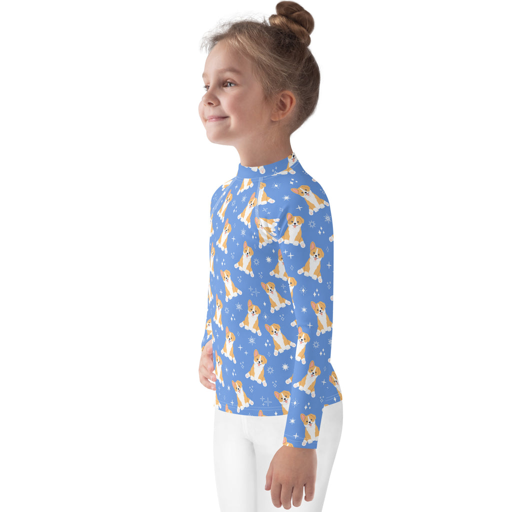 Kids Blue Corgi Dog Long Sleeve Rash Guard Swim Shirt With UPF 50+
