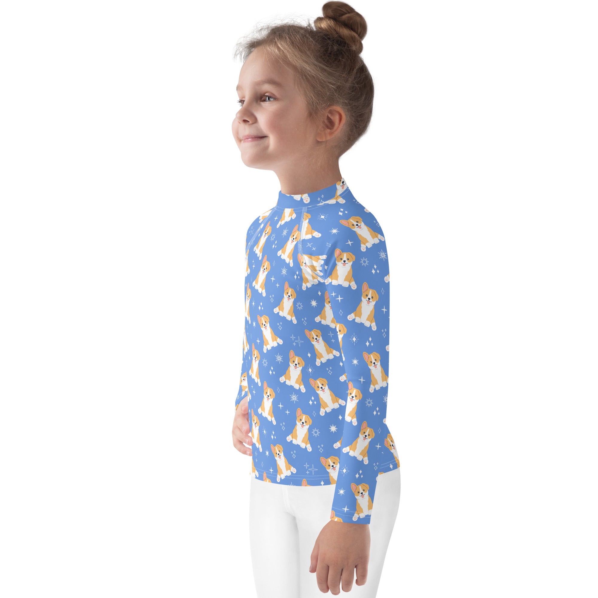 Kids Blue Corgi Dog Long Sleeve Rash Guard Swim Shirt With UPF 50+