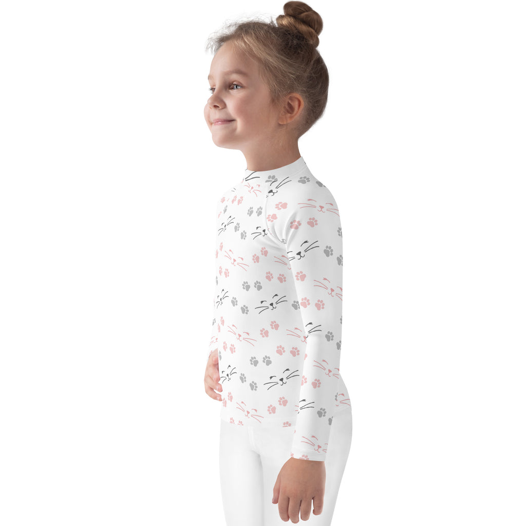 Girls Paw Print Cat Long Sleeve Rash Guard Swim Shirt With UPF 50+