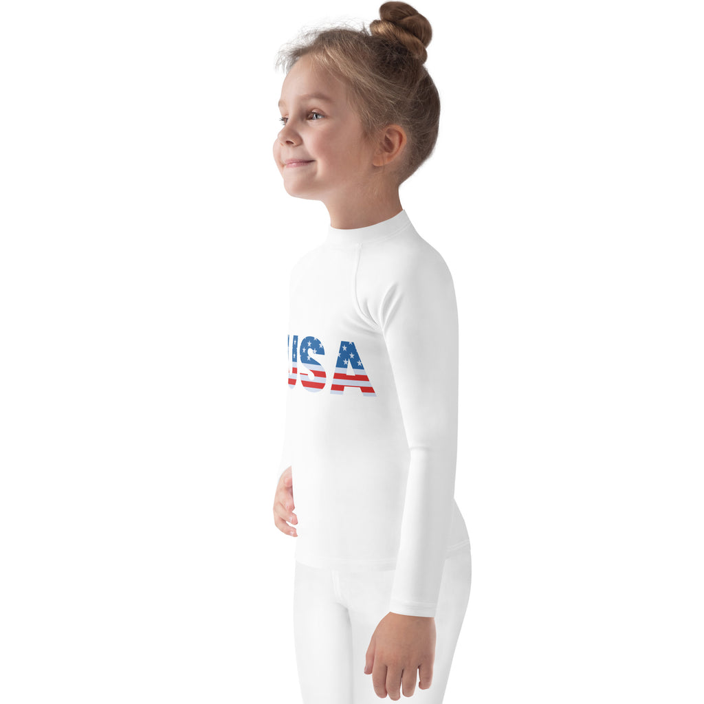 White kids long sleeve rash guard swim shirt with usa flag print and UPF 50 plus for 4th of July protection