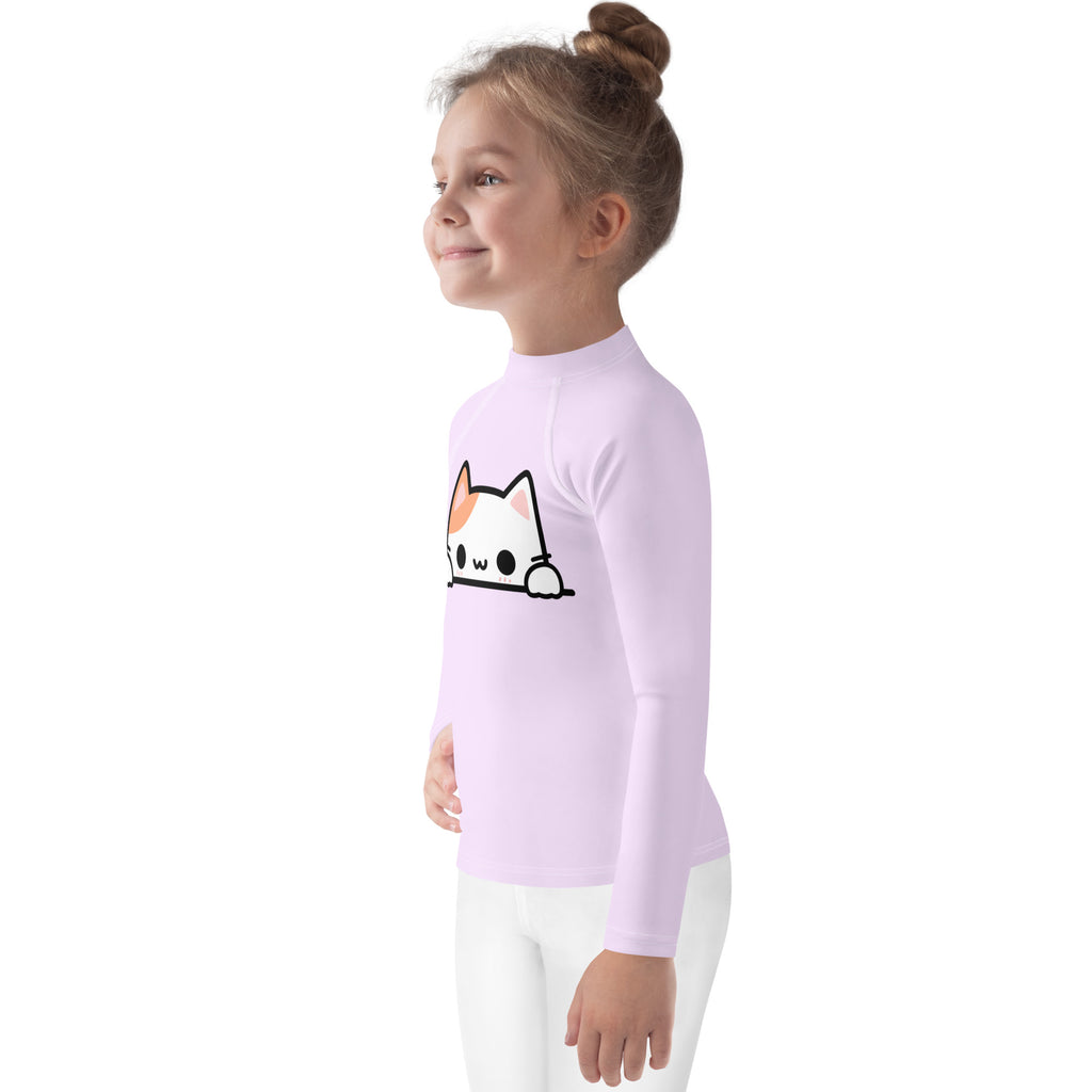 Girls Peeking Cat Long Sleeve Rash Guard Swim Shirt With UPF 50+