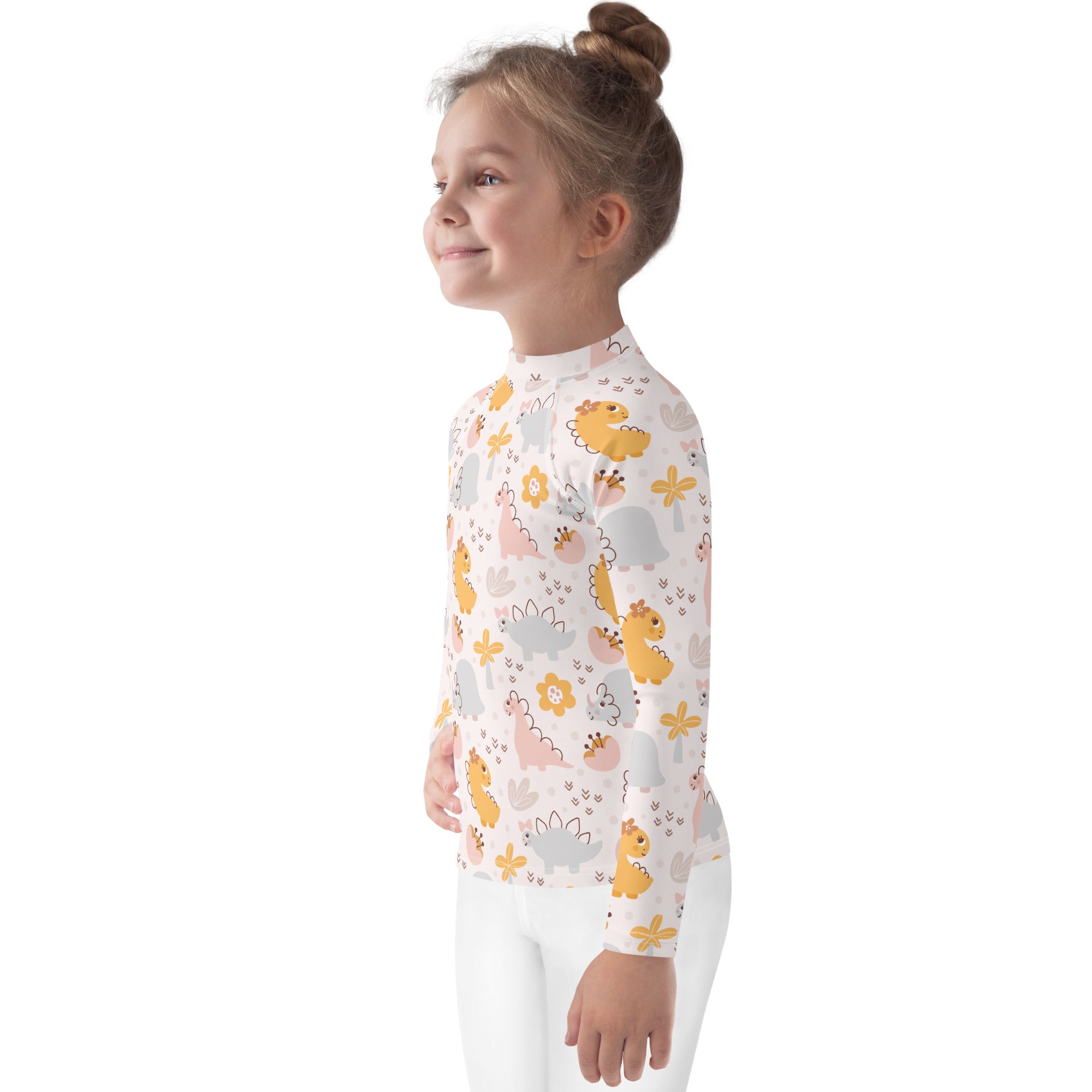 White long-sleeved girls rash guard swim shirt with yellow pink gray dinosaur floral pattern and upf 50+ protection