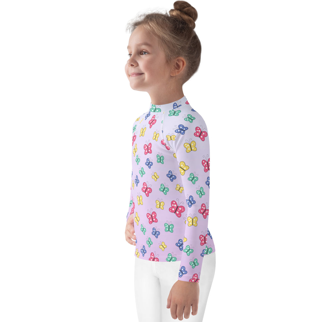 Girls colorful butterfly long sleeve rash guard swim shirt in lavender with multicolored butterfly pattern upf 50+