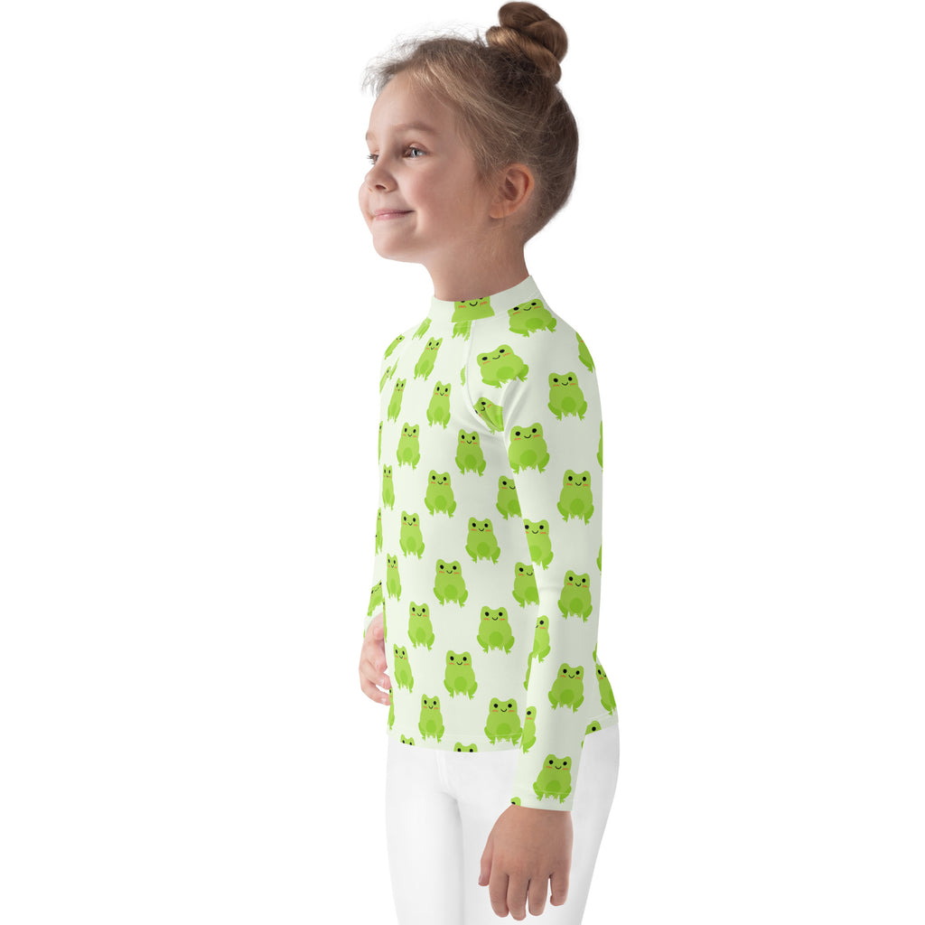 Kids green frog long sleeve rash guard swim shirt with UPF 50 plus featuring bright green frog print on white base