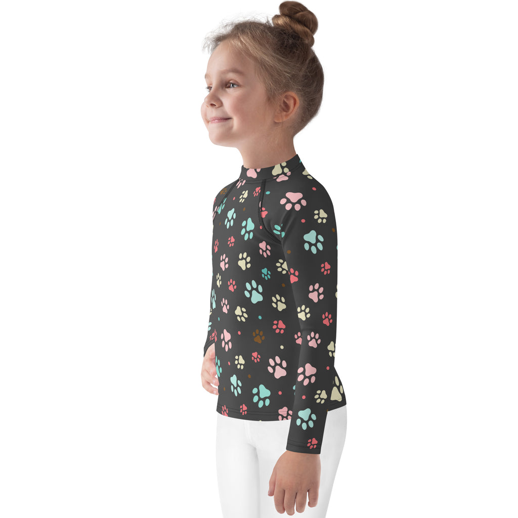 Kids Paw Print Long Sleeve Rash Guard Swim Shirt With UPF 50+