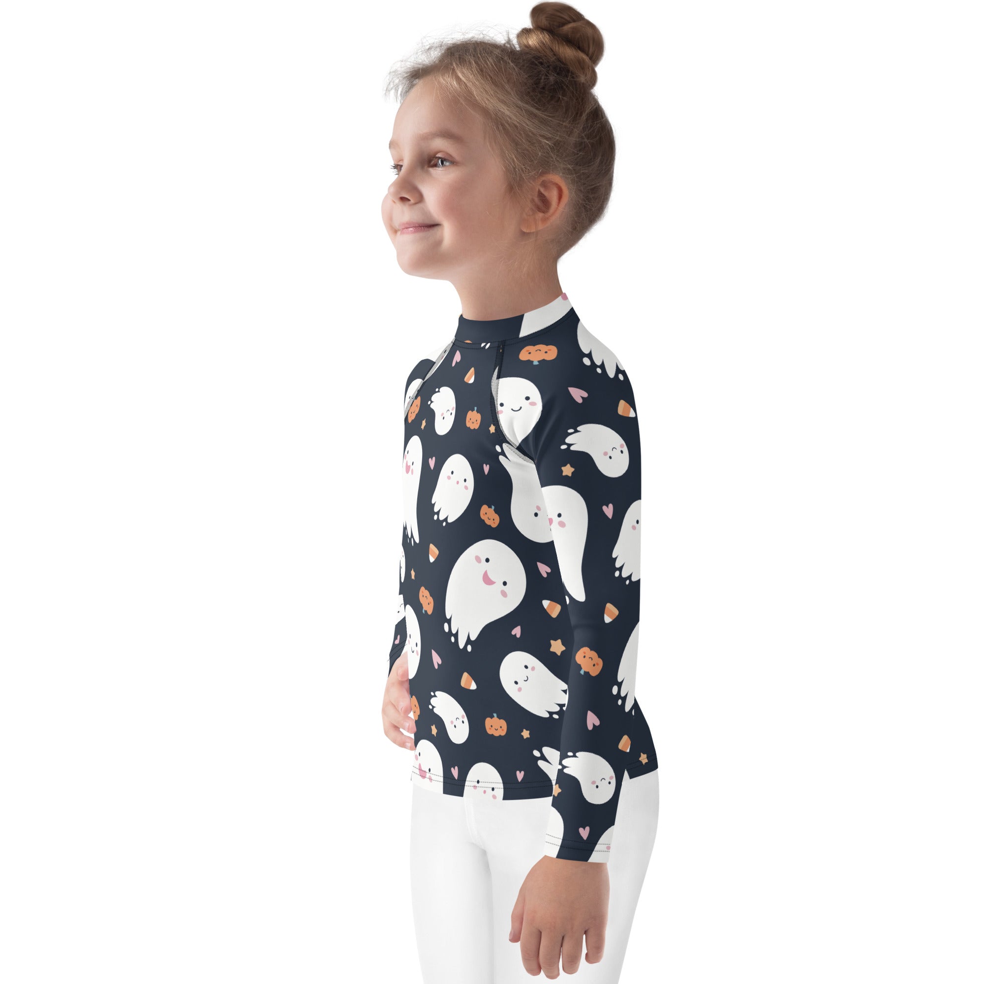 Navy blue kids ghost Halloween rash guard with long sleeves featuring white ghosts orange pumpkins and pink hearts pattern
