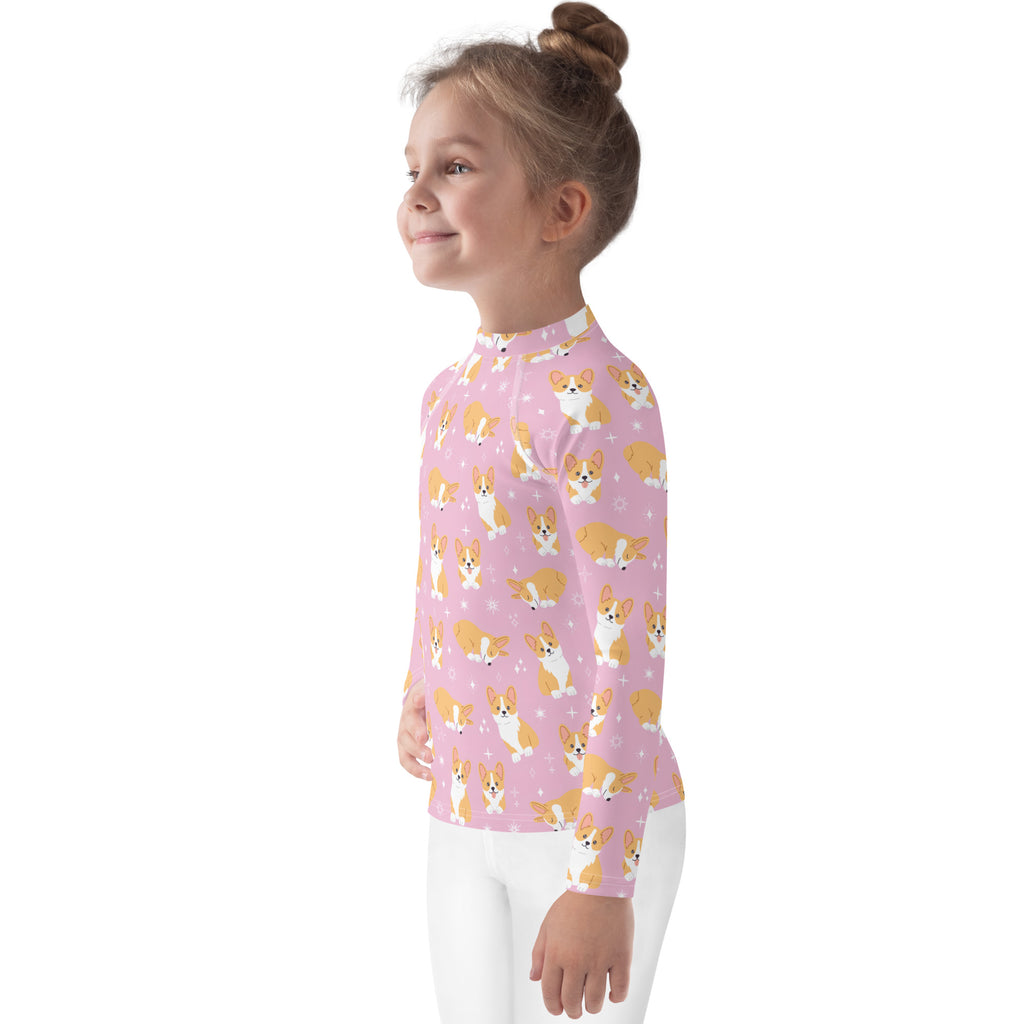 Girls Pink Corgi Long Sleeve Rash Guard Swim Shirt With UPF 50+