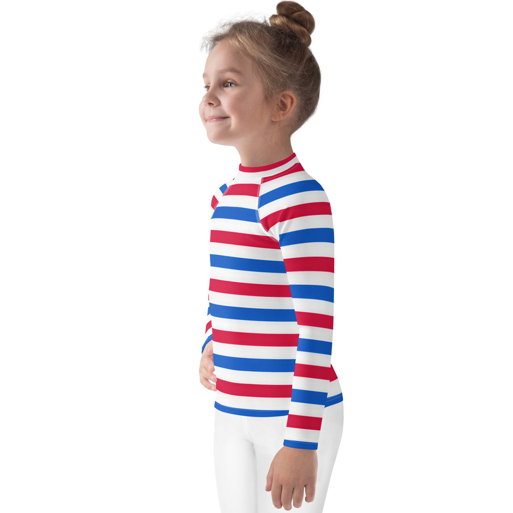 Kids Red, White & Blue USA Striped Long Sleeve Rash Guard Swim Shirt With UPF 50+