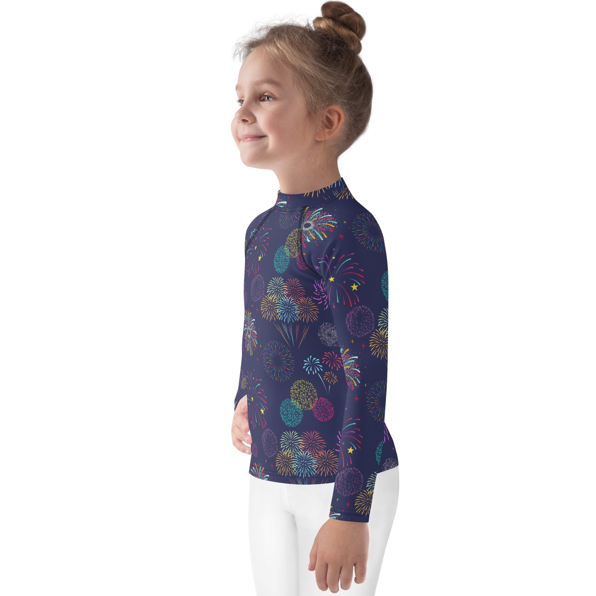A navy blue kids long sleeve rash guard swim shirt with vibrant multicolored fireworks pattern and upf 50 plus protection