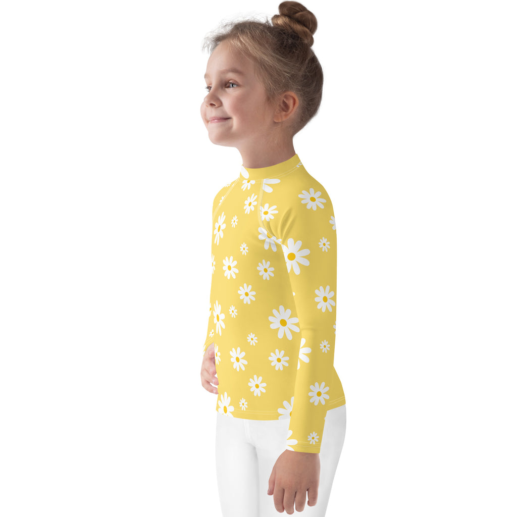 Girls Yellow Daisy Long Sleeve Rash Guard Swim Shirt With UPF 50+