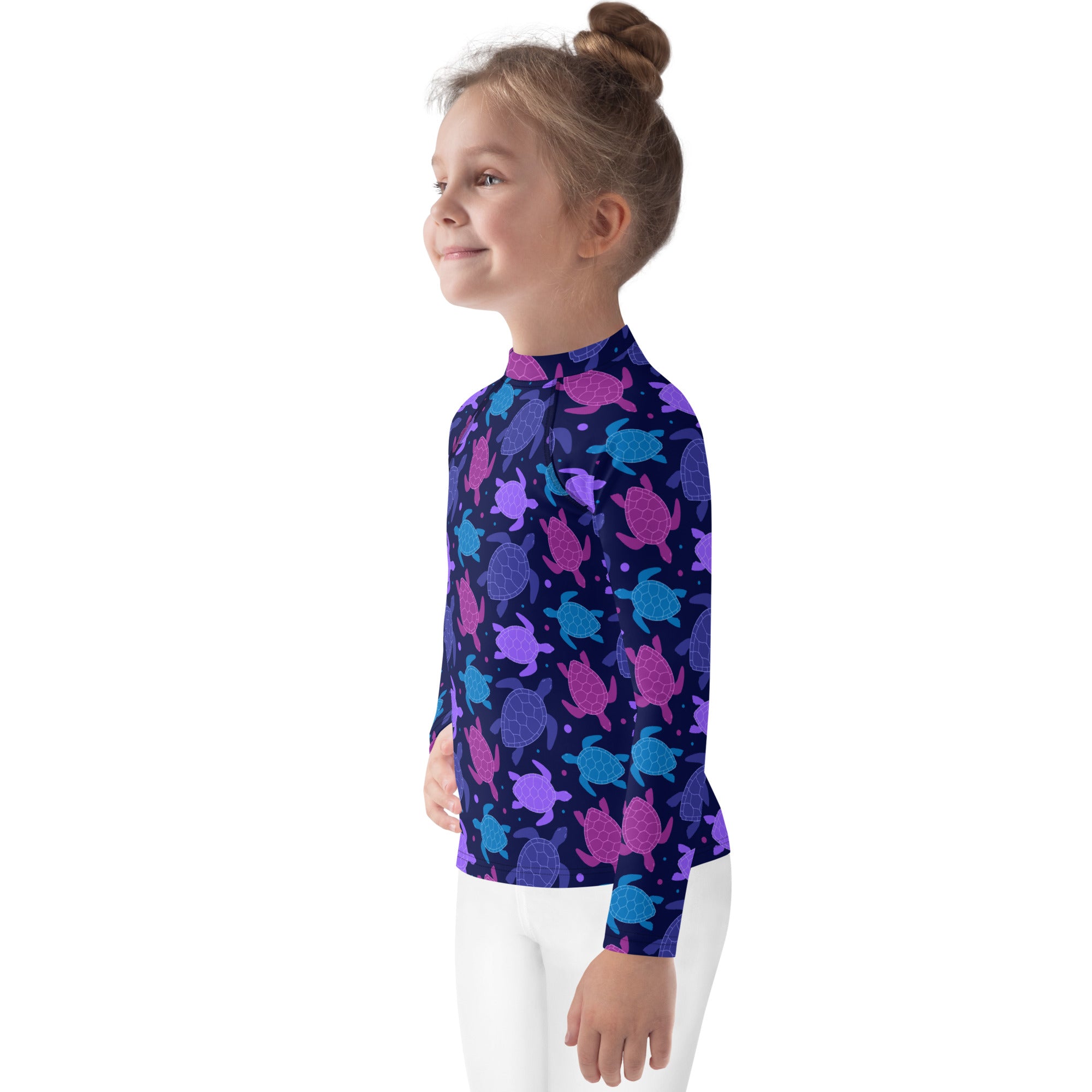 Girls Purple Sea Turtles Long Sleeve Rash Guard Swim Shirt With UPF 50+