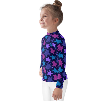 Girls Purple Sea Turtles Long Sleeve Rash Guard Swim Shirt With UPF 50+
