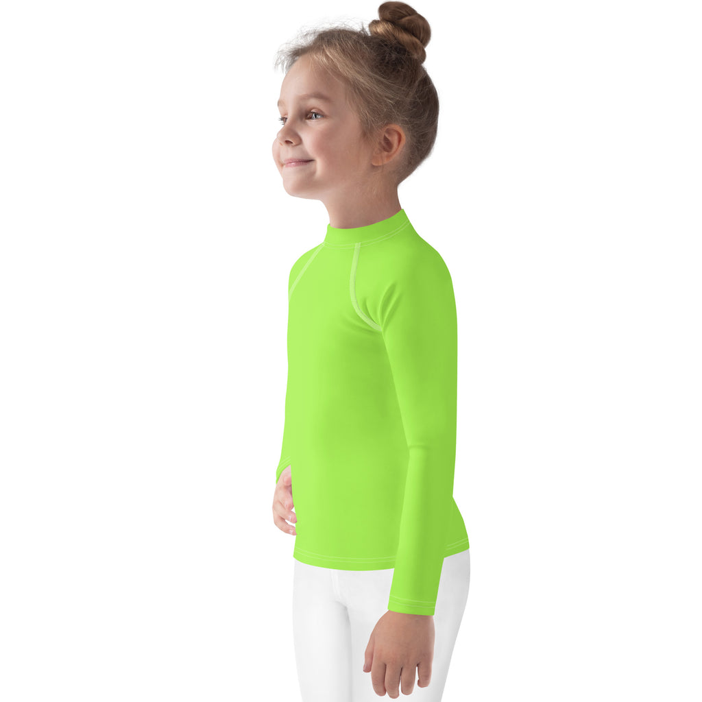 Bright neon green kids long sleeve rash guard swim shirt with UPF 50 plus for sun protection and comfort