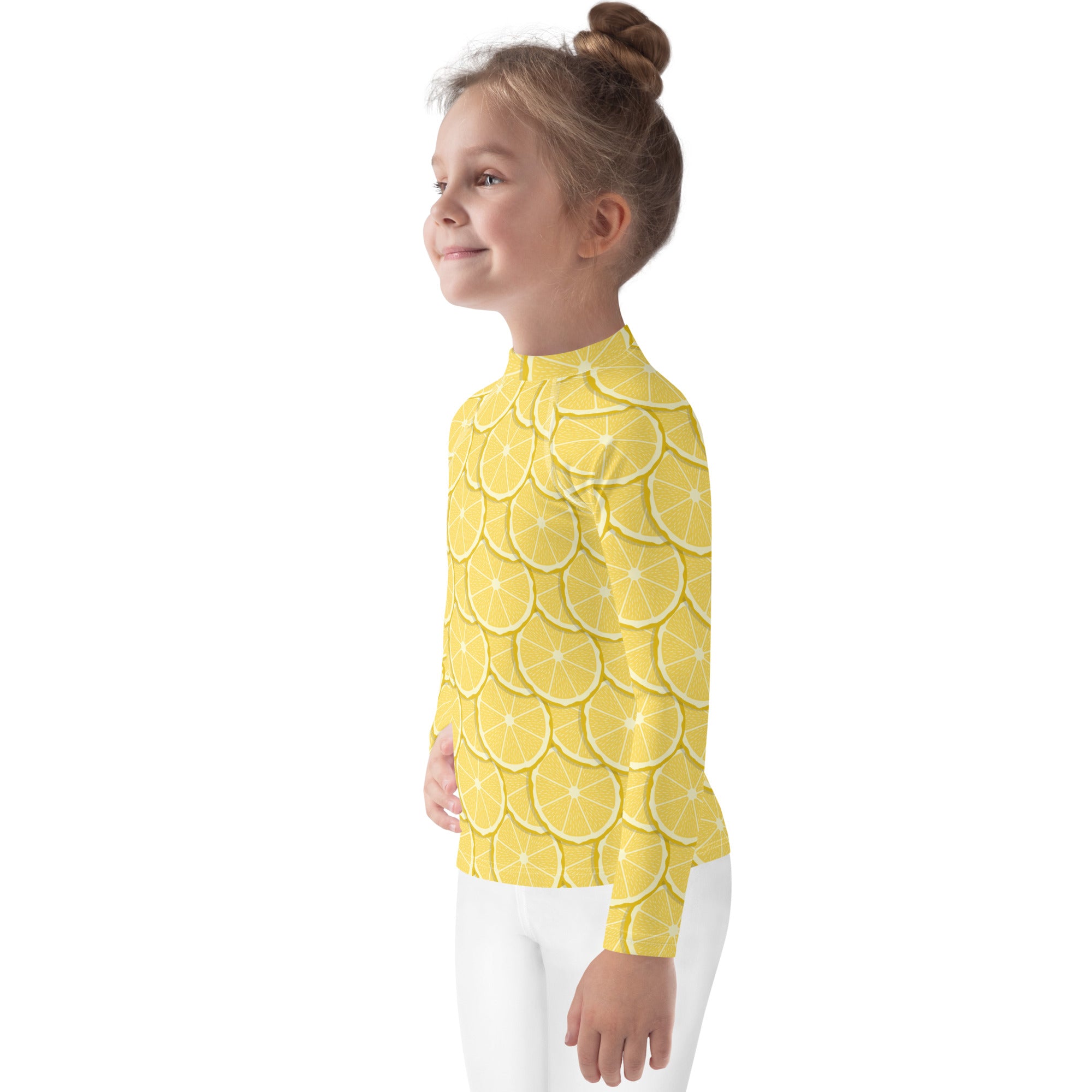 Yellow kids long sleeve rash guard swim shirt with sliced lemon pattern and upf 50 plus sun protection