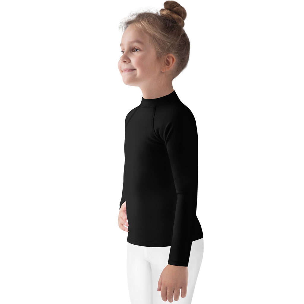 Kids black long sleeve rash guard swim shirt with upf 50 plus features a high neck and lightweight fabric for sun protection