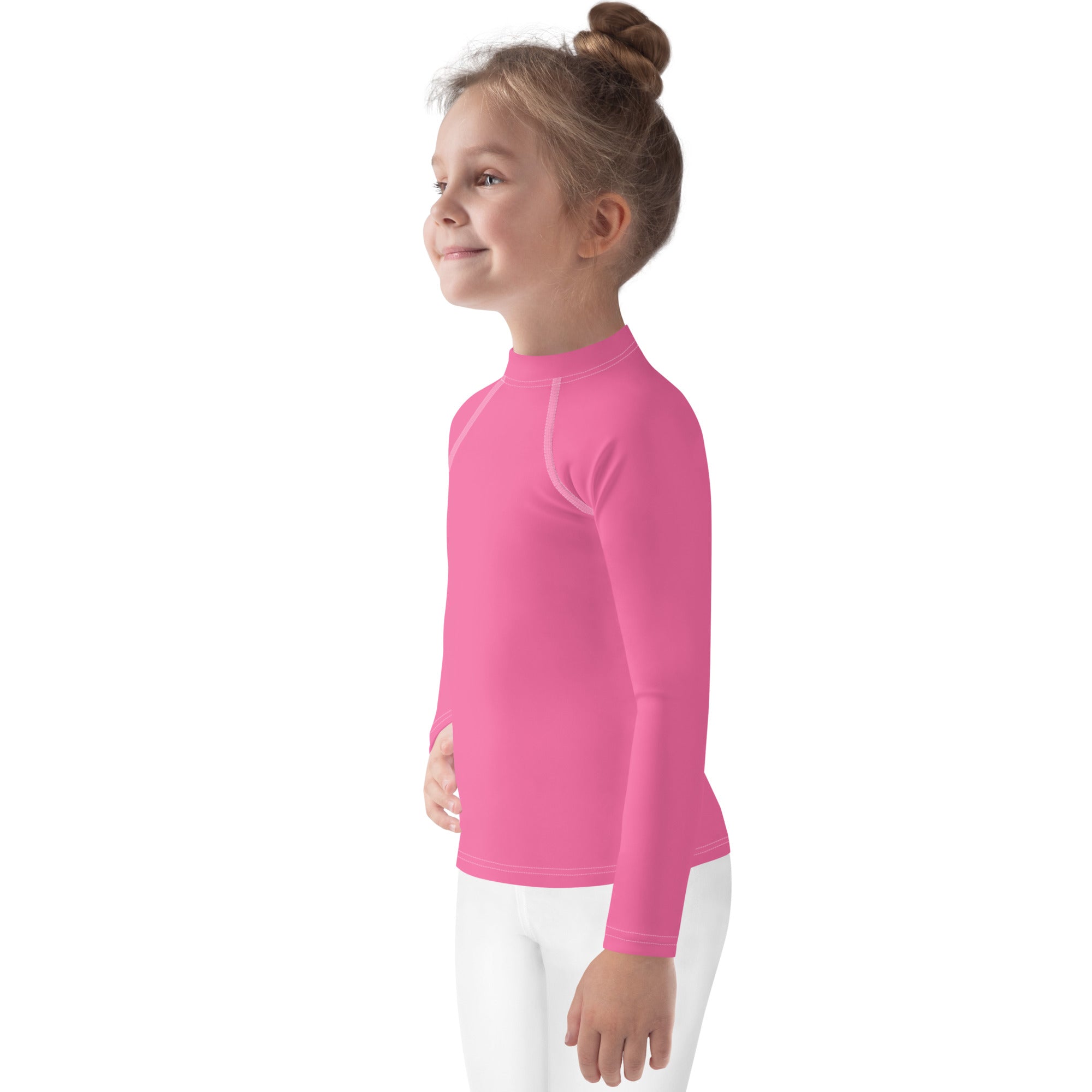 Girls pink long sleeve rash guard swim shirt with upf 50 plus featuring high collar and seamless construction