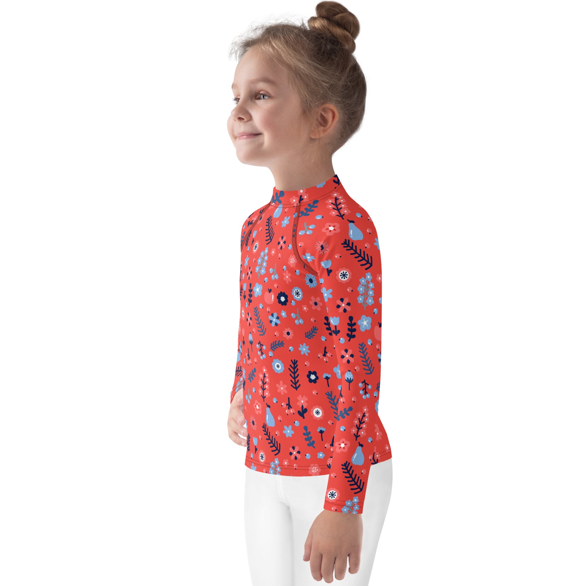 Girls red floral long sleeve rash guard swim shirt with UPF 50 plus featuring blue and black flower and bird pattern