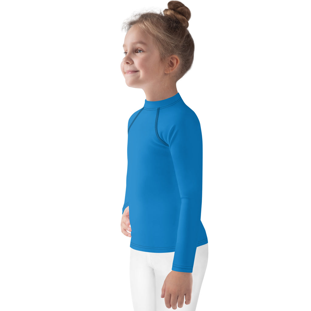 Kids navy blue long sleeve rash guard swim shirt with upf 50 plus high collar for sun protection