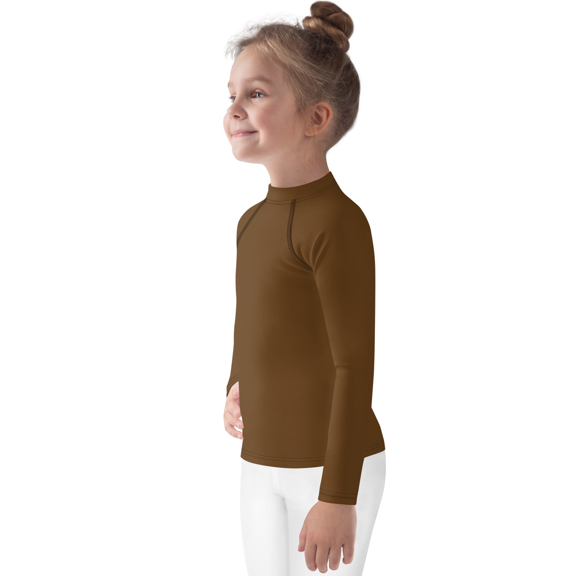 A child wearing a brown long sleeve rash guard swim shirt with upf 50 plus high collar for sun protection