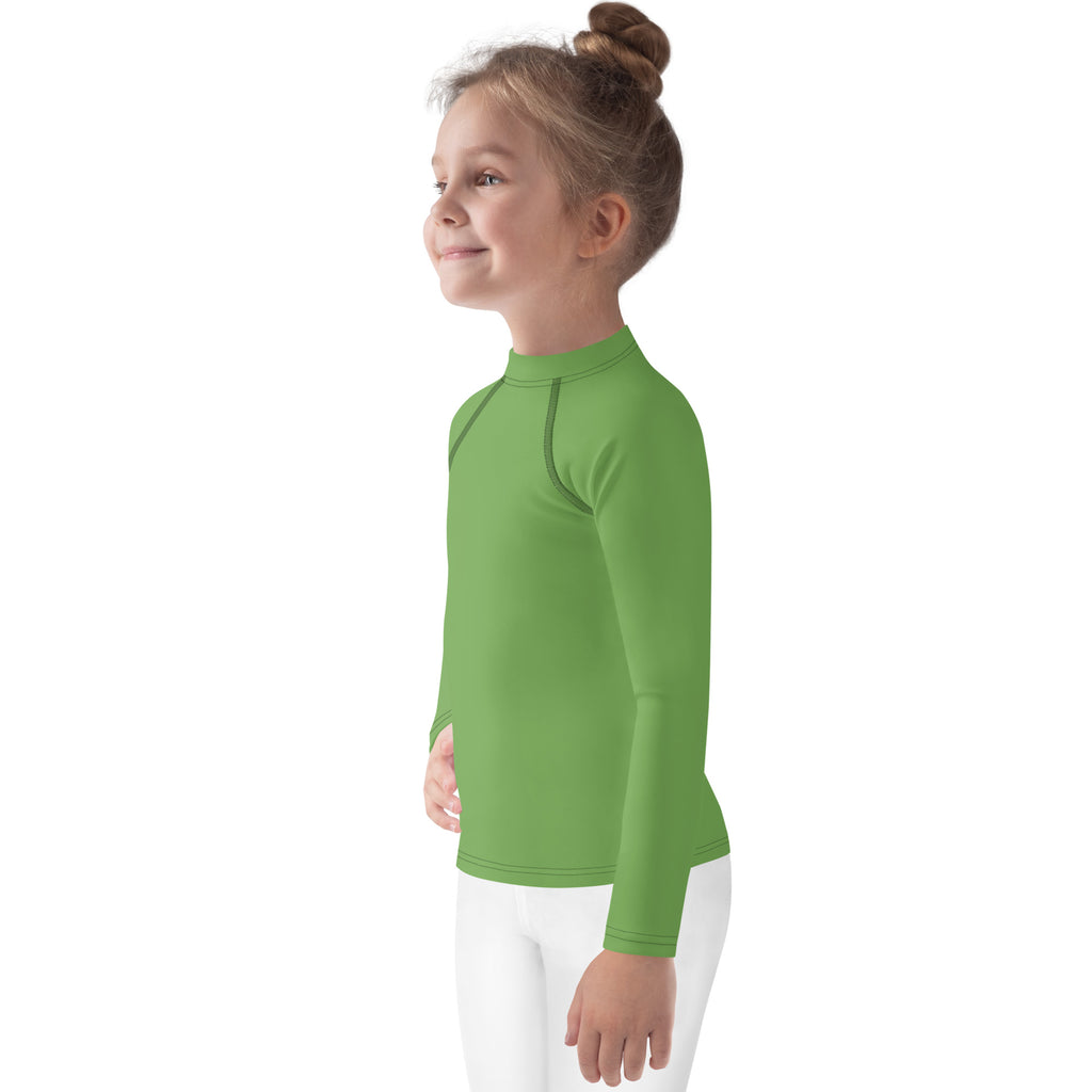 Kids green long sleeve rash guard swim shirt with upf 50 plus featuring vibrant green color and seamless high collar design
