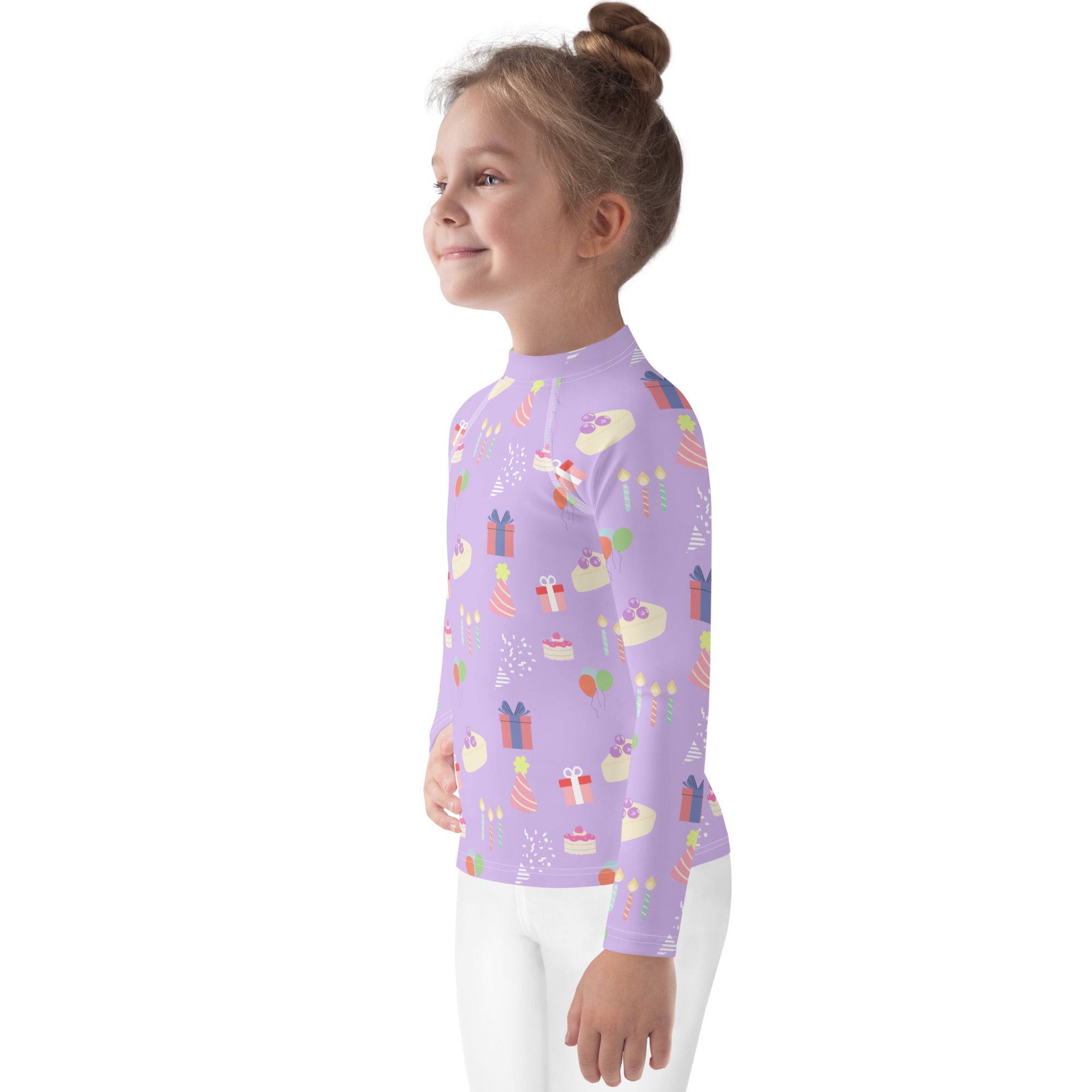 Girls birthday party sleeve rash guard swim shirt in lavender with birthday-themed cakes presents and candles pattern