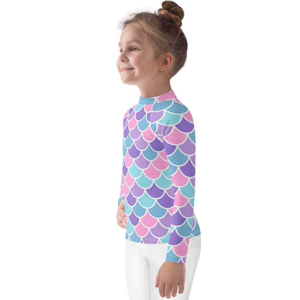 Girls pastel mermaid scales long sleeve rash guard swim shirt with upf 50 featuring vibrant pink purple and teal scales