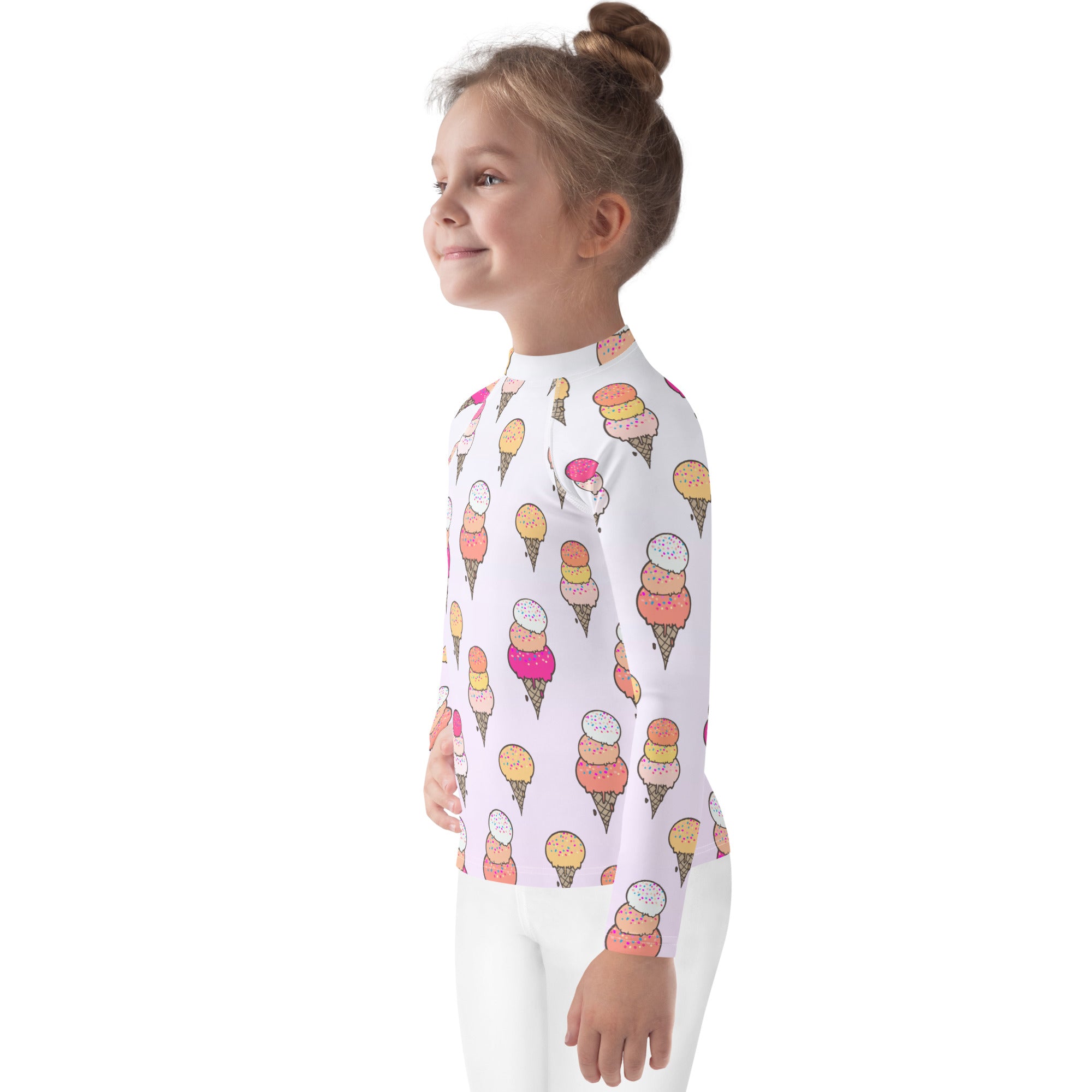 Girls ice cream cone long sleeve rash guard swim shirt white with colorful ice cream cone pattern and UPF 50+ protection