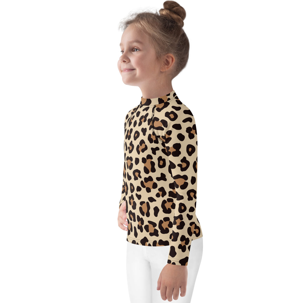 Kids leopard print long sleeve rash guard swim shirt in tan and black with upf 50 plus for sun protection