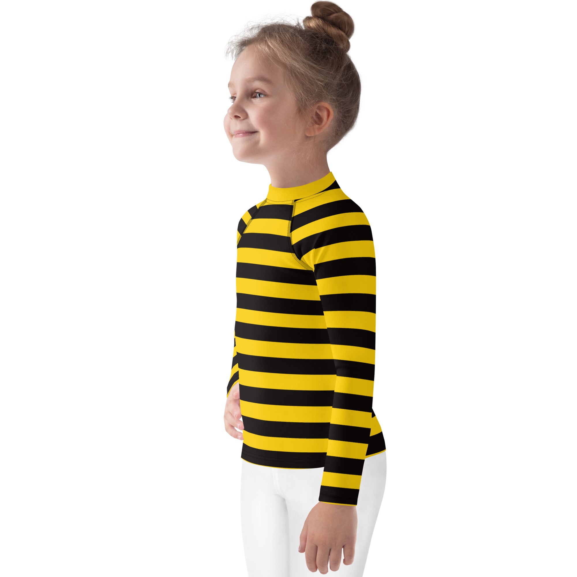 Kids bumblebee stripes long sleeve rash guard swim shirt in yellow and black with upf 50 plus protection
