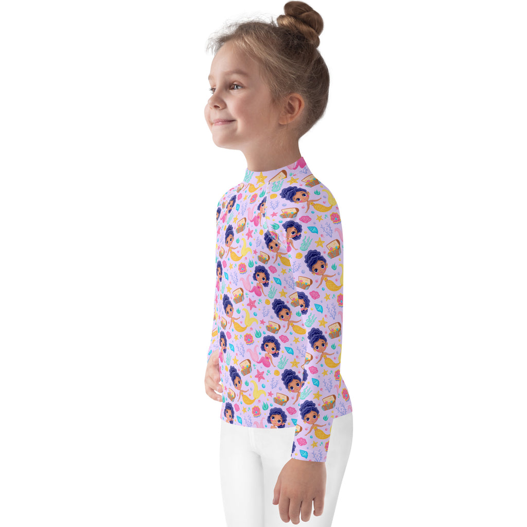 Girls mermaid adventure long sleeve rash guard swim shirt with UPF 50 plus featuring purple hair mermaids on lavender