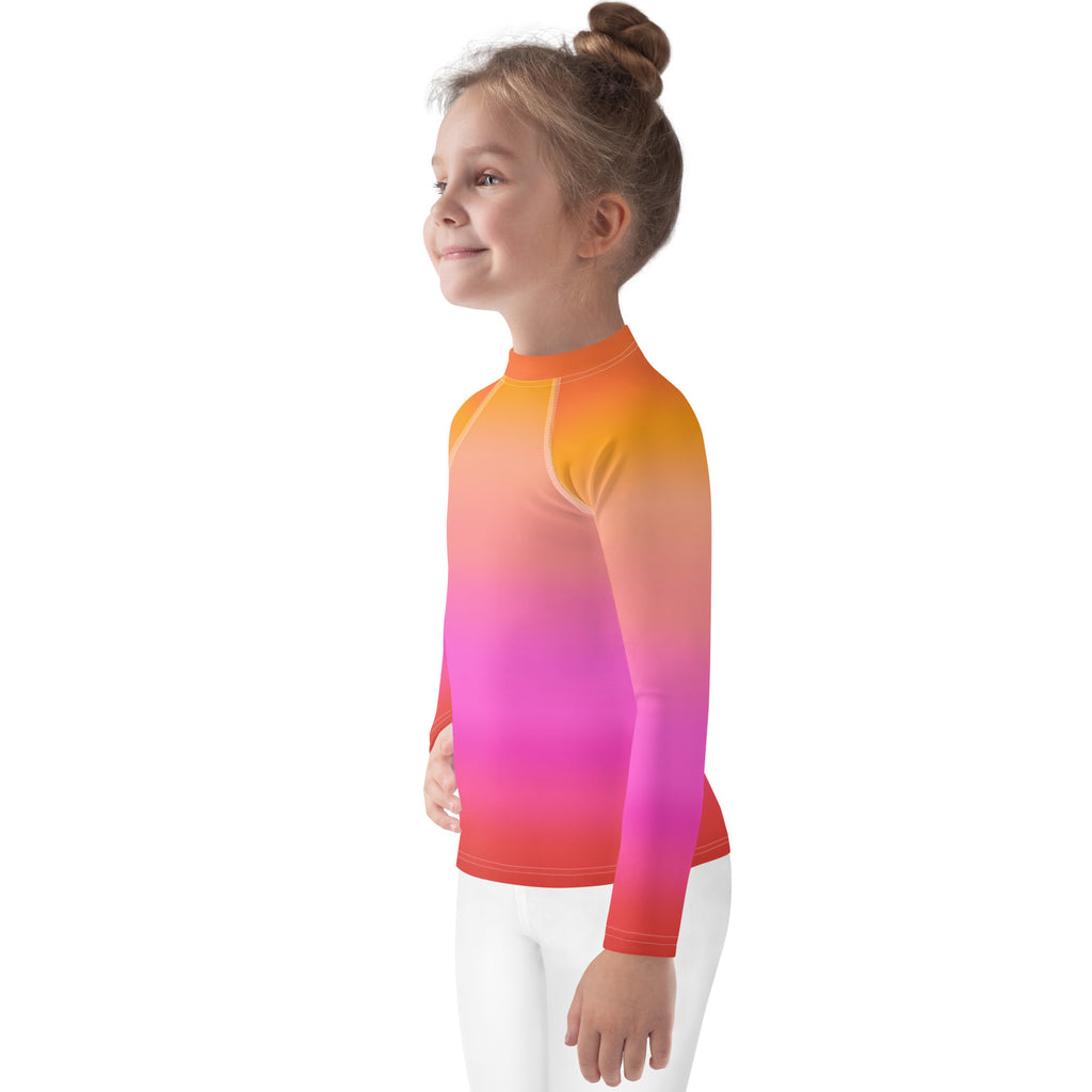 Girls sunset ombre long sleeve rash guard swim shirt with upf 50 plus in orange to pink gradient for active wear