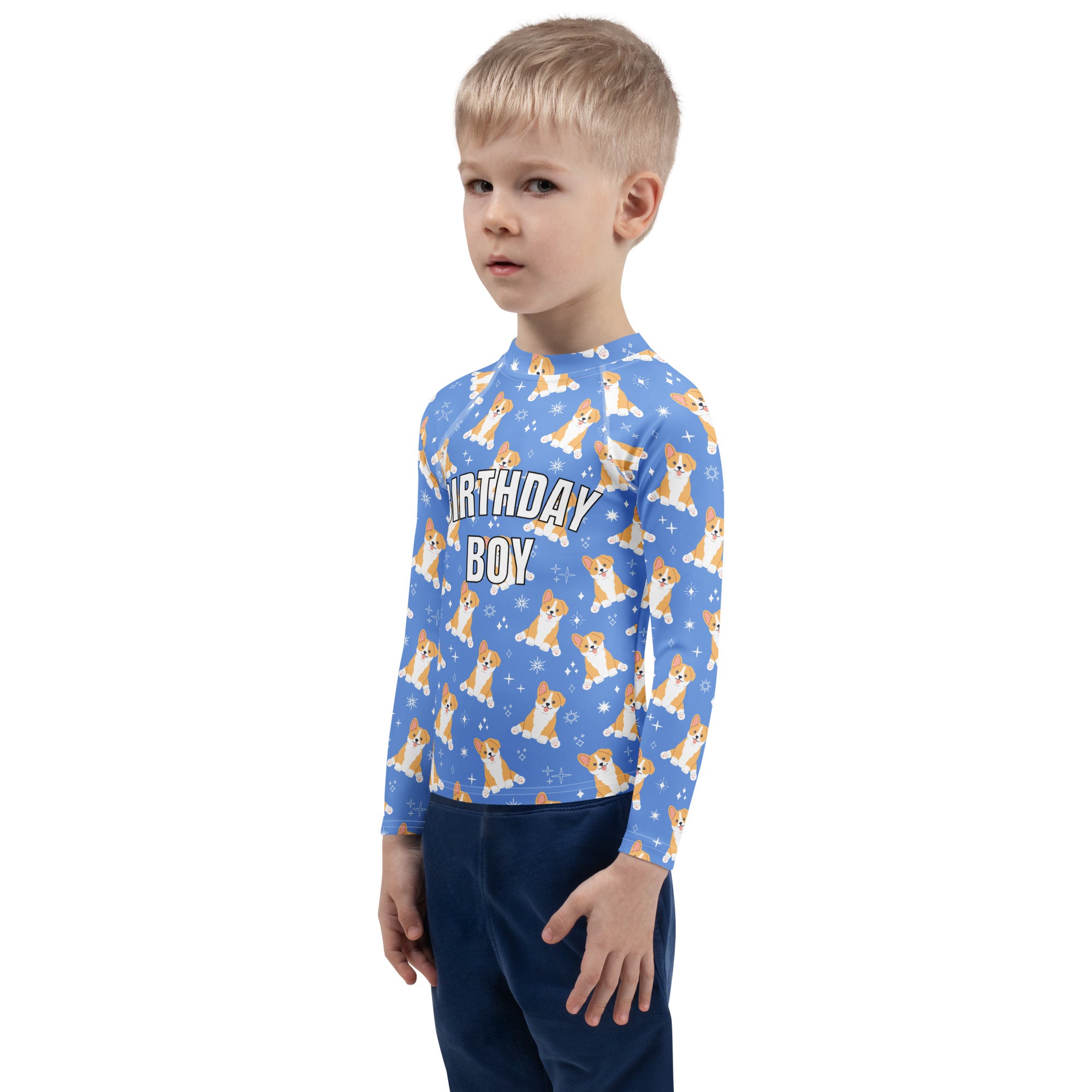 Birthday Boy Blue Corgi Dog Long Sleeve Rash Guard Swim Shirt With UPF 50+